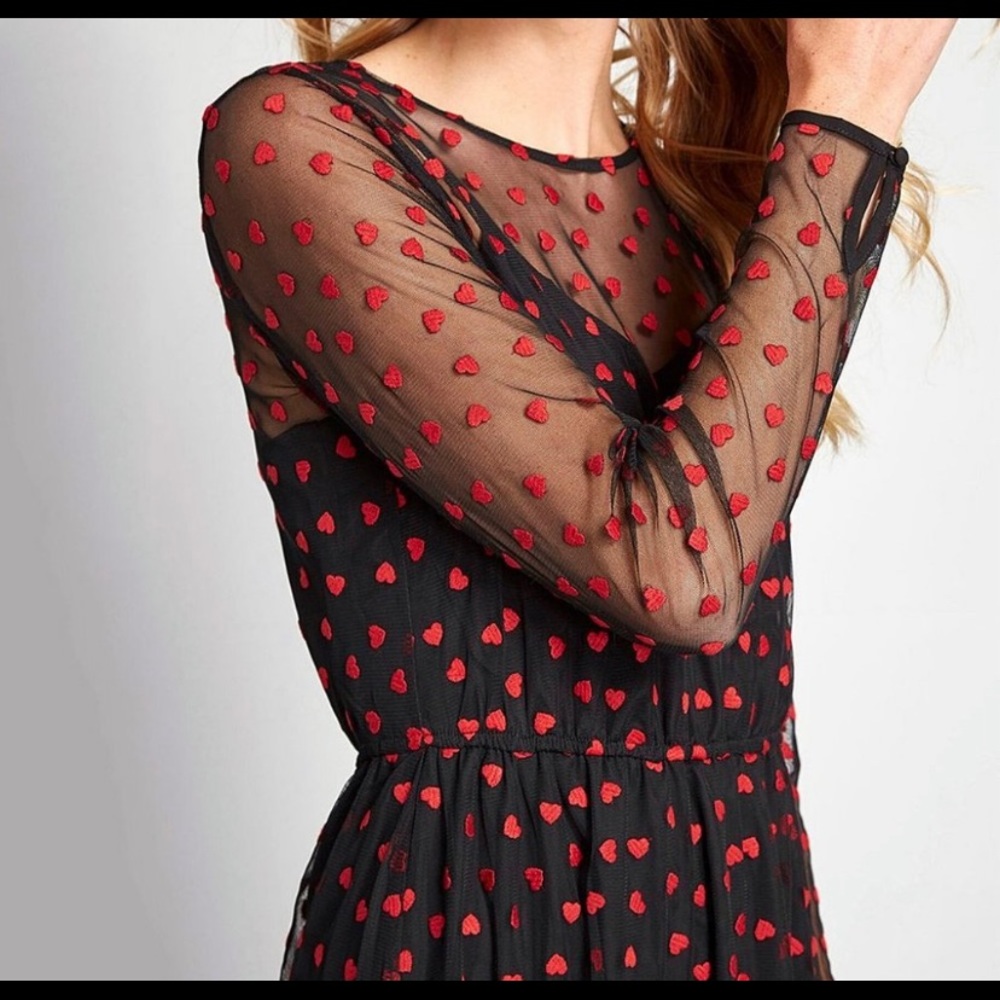ModCloth Black Sheer Long-Sleeve Dress with Red Heart Print - Picture 2 of 7